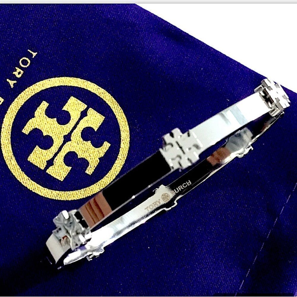 TORY BURCH STUDDED SILVER DOUBLE T LOGO BRACELET - Picture 3 of 4